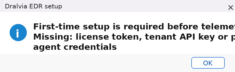 Dralvia EDR first-time setup dialog